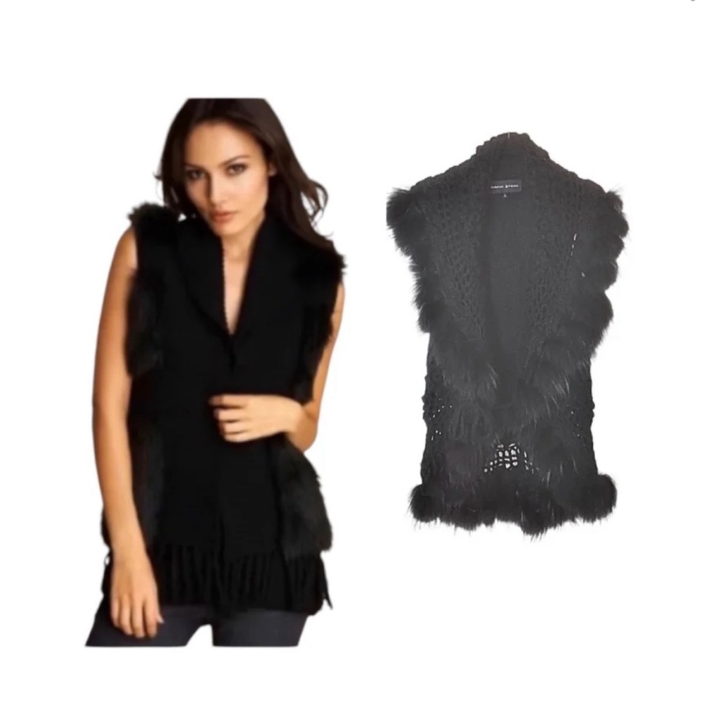 Dana Stein Elegant Black Fur-Trimmed Women's Sweater Vest